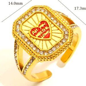 18K GOLD DIPPED ADJUSTABLE RING WITH ALL YOU NEED IS LOVE INSCRIBED ON RED HEART